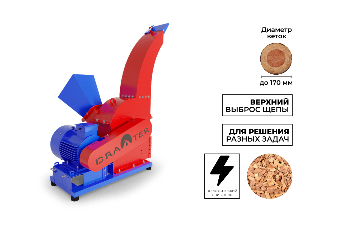 Кликните для увеличения изображения Промышленный утилизатор-щепорез DraXter УЩ-650Э (элект; 22 кВт (380В); сито 30 мм.; раструб 400х400; КБ 8': 4К (усиленная); АЗ 22 кВт)