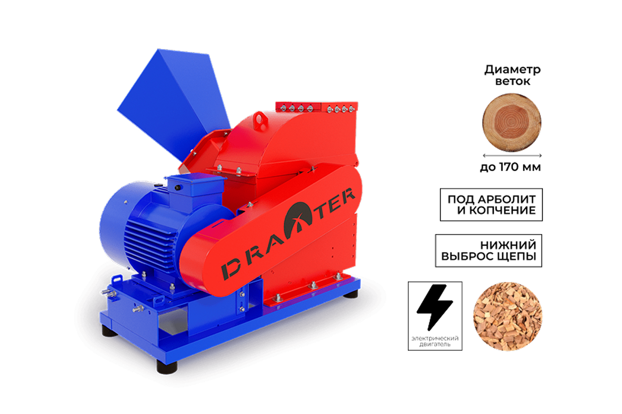 Промышленный щепорез DraXter Щ-650Э (элект; 22 кВт (380В); сито 30 мм.; раструб 400х400; КБ 8': 4К (усиленная); АЗ 22 кВт)